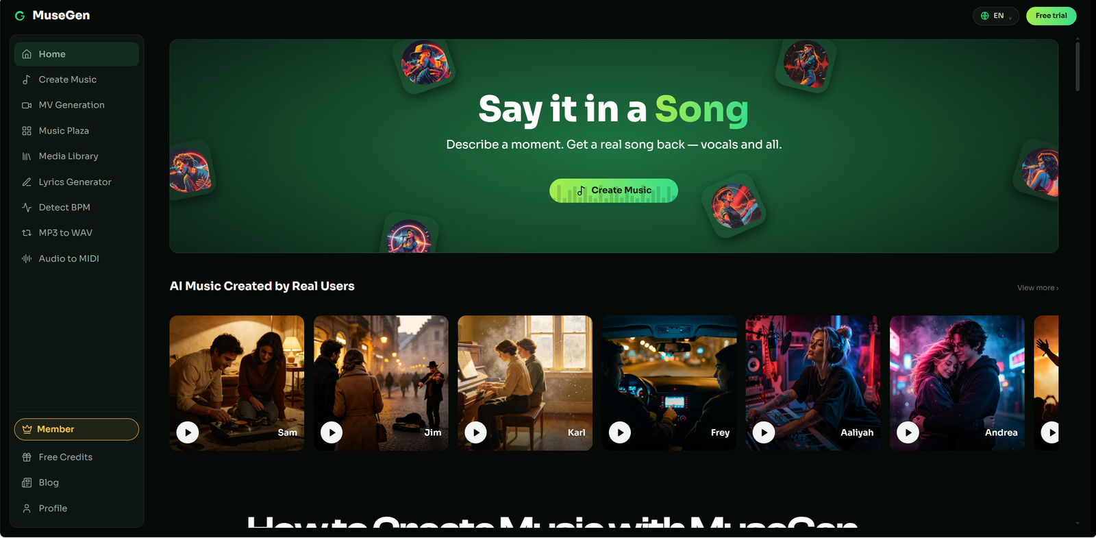 MuseGen - AI Music Generator for 100% Commercially Usable Songs from Text, Audio, or Lyrics.