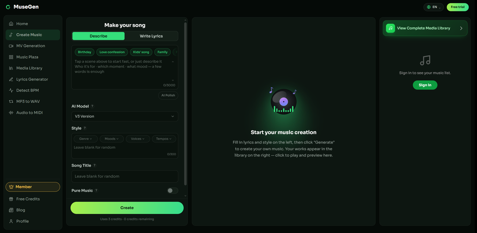 MuseGen - AI Music Generator for 100% Commercially Usable Songs from Text, Audio, or Lyrics.