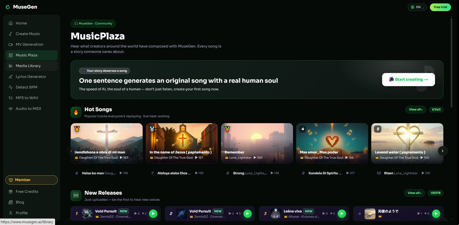 MuseGen - AI Music Generator for 100% Commercially Usable Songs from Text, Audio, or Lyrics.