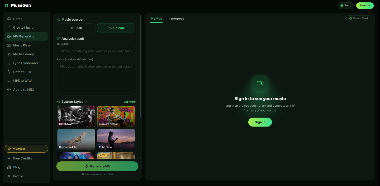 MuseGen - AI Music Generator for 100% Commercially Usable Songs from Text, Audio, or Lyrics.
