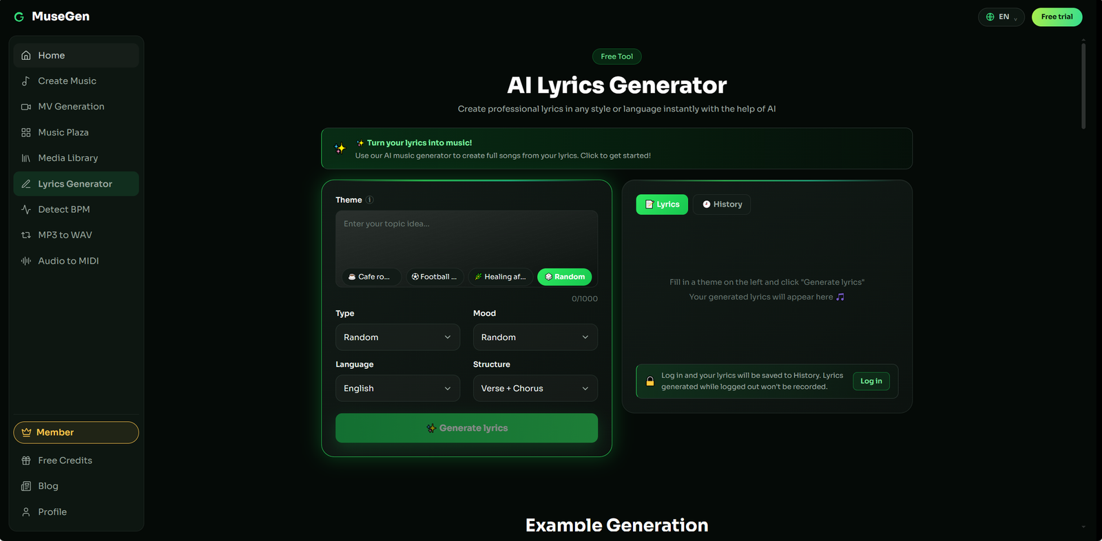 MuseGen - AI Music Generator for 100% Commercially Usable Songs from Text, Audio, or Lyrics.